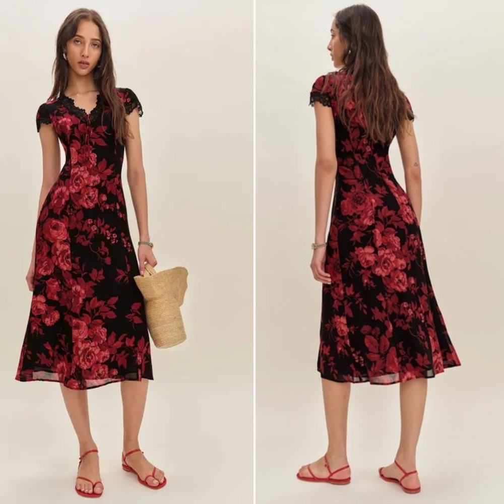 Reformation Tiffie Floral Lace Midi Dress In Basilica Sz 4 NEW - Picture 2 of 10